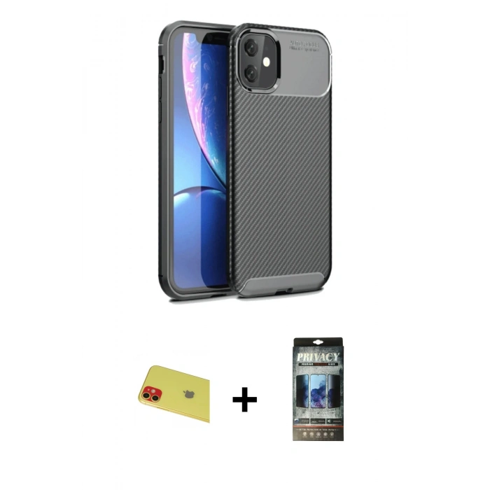 MARSİLYAN™- iPhone 11 Kılıf Eksen Form Prime - Siyah 34D Hayalet Izgaralı Cam + Rainbow Kamera Lens Koruma Cam - KI
