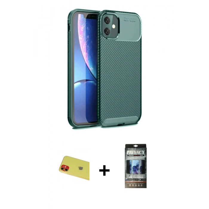 MARSİLYAN™- iPhone 11 Kılıf Eksen Form Prime - Siyah 34D Hayalet Izgaralı Cam + Rainbow Kamera Lens Koruma Cam - KI