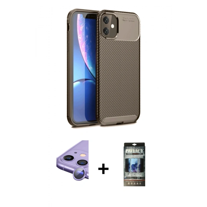 MARSİLYAN™- iPhone 11 Kılıf Eksen Form Prime - Siyah 34D Hayalet Izgaralı Cam + Raze Metal Kamera Lens - MR