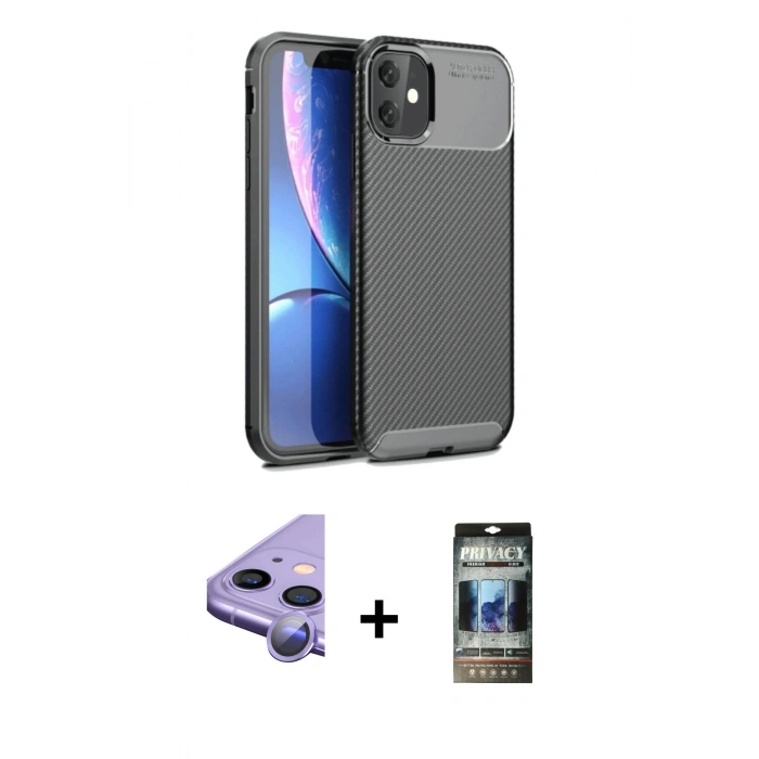 MARSİLYAN™- iPhone 11 Kılıf Eksen Form Prime - Siyah 34D Hayalet Izgaralı Cam + Raze Metal Kamera Lens - MR