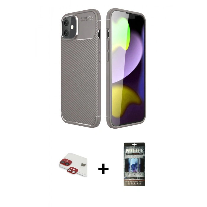 MARSİLYAN™- iPhone 11 Kılıf Eksen Form Prime - Siyah 34D Hayalet Izgaralı Cam + Pers Alüminyum Kamera Lens - KI