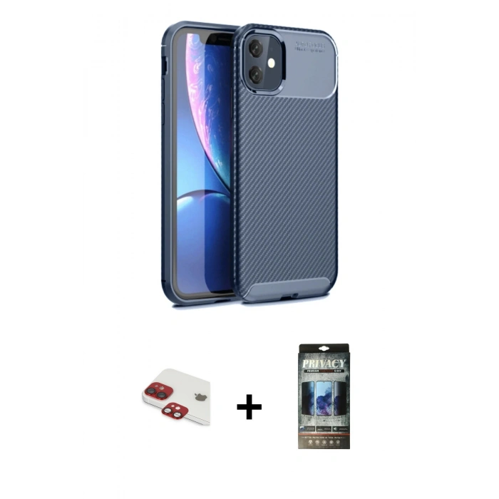 MARSİLYAN™- iPhone 11 Kılıf Eksen Form Prime - Siyah 34D Hayalet Izgaralı Cam + Pers Alüminyum Kamera Lens - KI