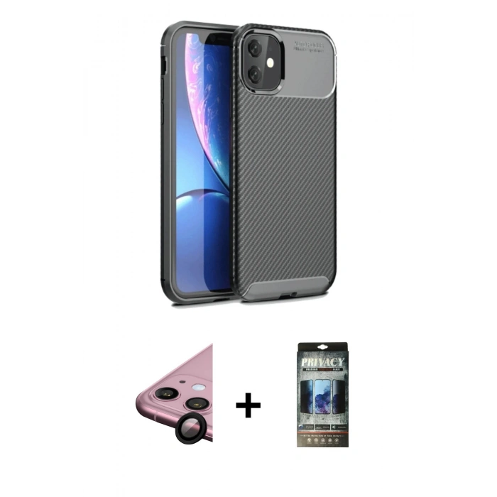 MARSİLYAN™- iPhone 11 Kılıf Eksen Form Prime - Siyah 34D Hayalet Izgaralı Cam + Raze Metal Kamera Lens - SH