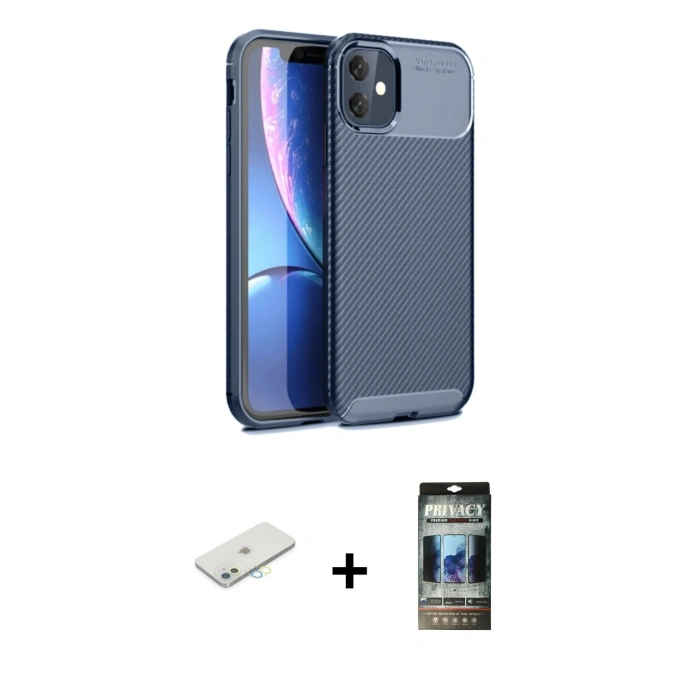 MARSİLYAN™- iPhone 11 Kılıf Eksen Form Prime - Siyah 34D Hayalet Izgaralı Cam + Renkli Kamera Lens Koruma Cam - SI