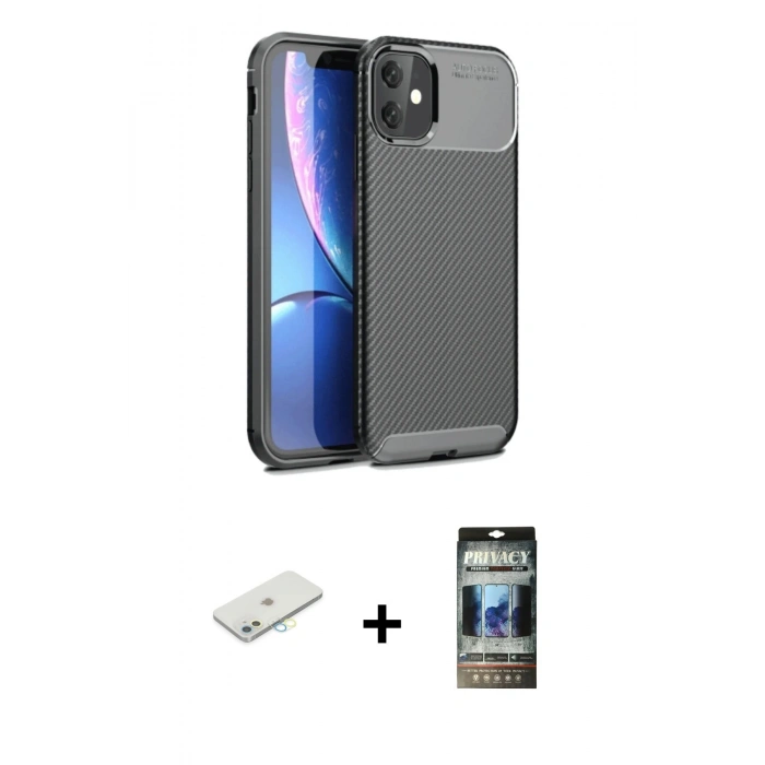MARSİLYAN™- iPhone 11 Kılıf Eksen Form Prime - Siyah 34D Hayalet Izgaralı Cam + Renkli Kamera Lens Koruma Cam - SI