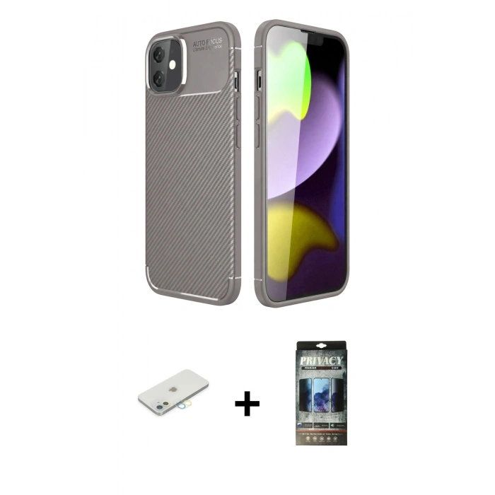 MARSİLYAN™- iPhone 11 Kılıf Eksen Form Prime - Siyah 34D Hayalet Izgaralı Cam + Renkli Kamera Lens Koruma Cam - SI