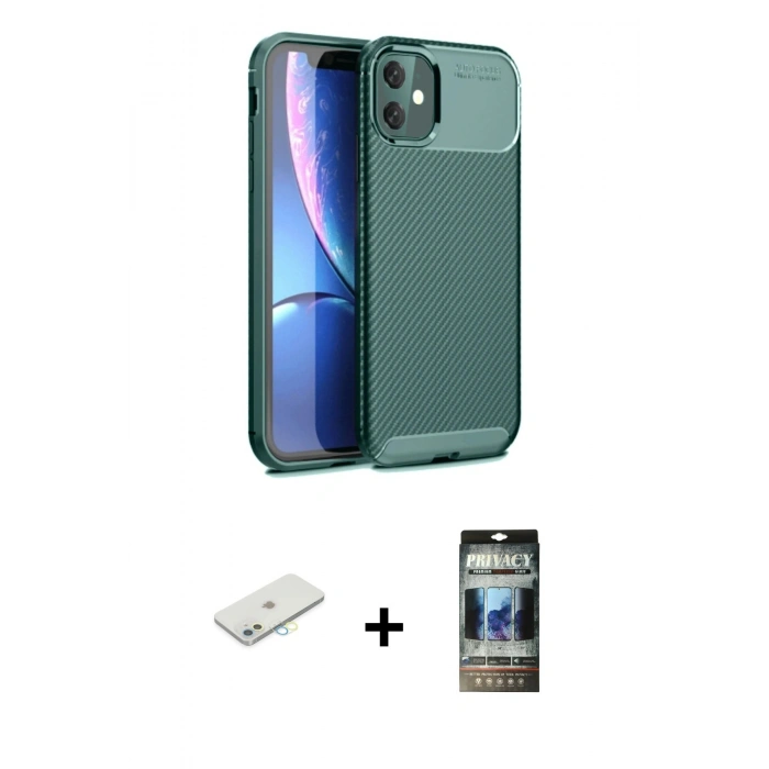 MARSİLYAN™- iPhone 11 Kılıf Eksen Form Prime - Siyah 34D Hayalet Izgaralı Cam + Renkli Kamera Lens Koruma Cam - SI