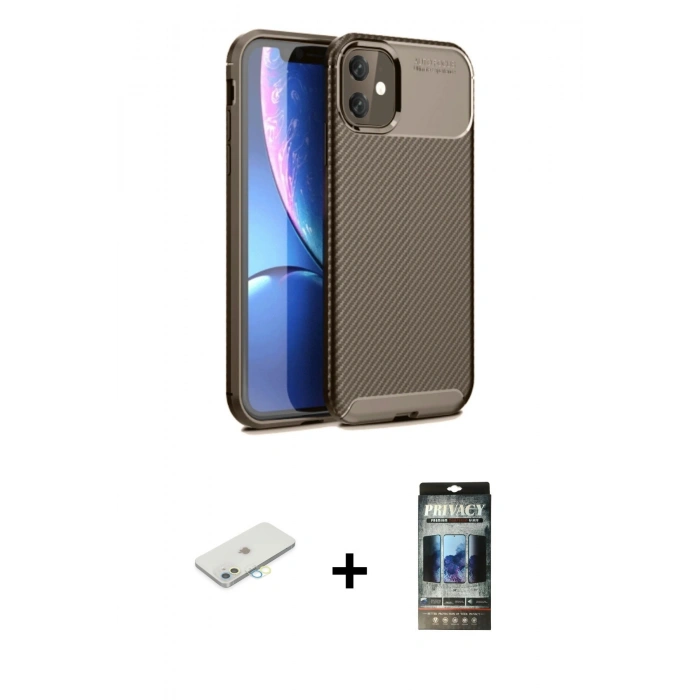 MARSİLYAN™- iPhone 11 Kılıf Eksen Form Prime - Siyah 34D Hayalet Izgaralı Cam + Renkli Kamera Lens Koruma Cam - SI