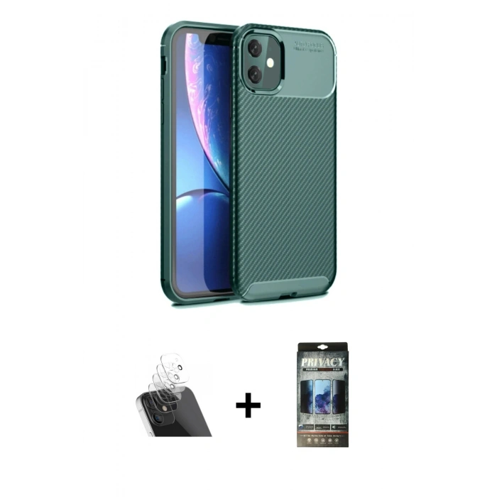MARSİLYAN™- iPhone 11 Kılıf Eksen Form Prime - Siyah 34D Hayalet Izgaralı Cam + Kamera Lens Koruma Cam - SF
