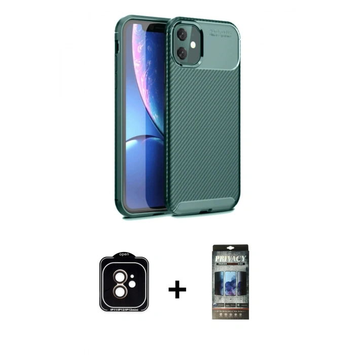 MARSİLYAN™- iPhone 11 Kılıf Eksen Form Prime - Siyah 34D Hayalet Izgaralı Cam + PVD Metal Kamera Lens - TU
