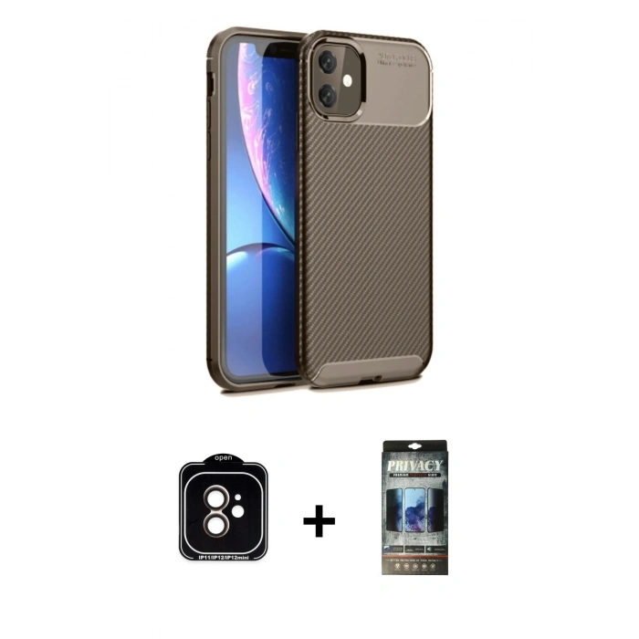 MARSİLYAN™- iPhone 11 Kılıf Eksen Form Prime - Siyah 34D Hayalet Izgaralı Cam + PVD Metal Kamera Lens - TU