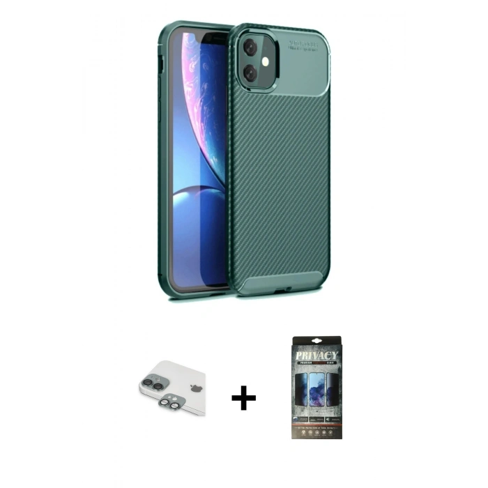 MARSİLYAN™- iPhone 11 Kılıf Eksen Form Prime - Siyah 34D Hayalet Izgaralı Cam + Pers Alüminyum Kamera Lens - YL
