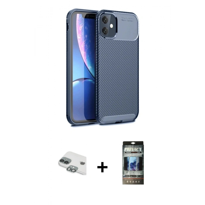 MARSİLYAN™- iPhone 11 Kılıf Eksen Form Prime - Siyah 34D Hayalet Izgaralı Cam + Pers Alüminyum Kamera Lens - YL