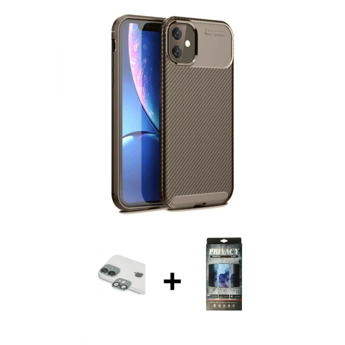 MARSİLYAN™- iPhone 11 Kılıf Eksen Form Prime - Siyah 34D Hayalet Izgaralı Cam + Pers Alüminyum Kamera Lens - YL