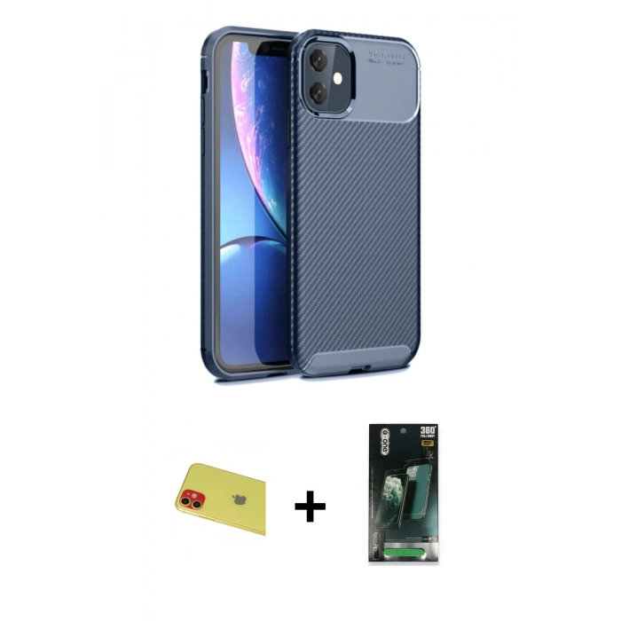 MARSİLYAN™- iPhone 11 Kılıf Eksen Form Prime - Siyah 360 Mat Full Body Arka Koruyucu + Rainbow Kamera Lens Koruma Cam - KI