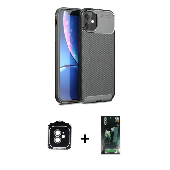 MARSİLYAN™- iPhone 11 Kılıf Eksen Form Prime - Siyah 360 Mat Full Body Arka Koruyucu + PVD Metal Kamera Lens - YL