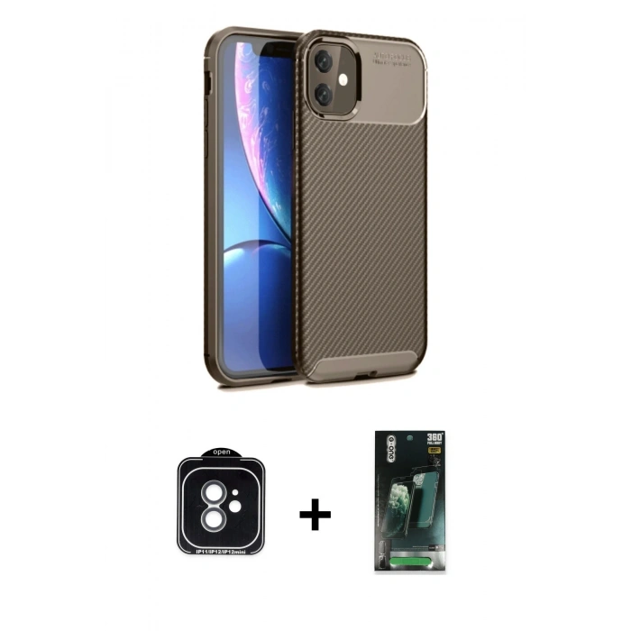 MARSİLYAN™- iPhone 11 Kılıf Eksen Form Prime - Siyah 360 Mat Full Body Arka Koruyucu + PVD Metal Kamera Lens - YL