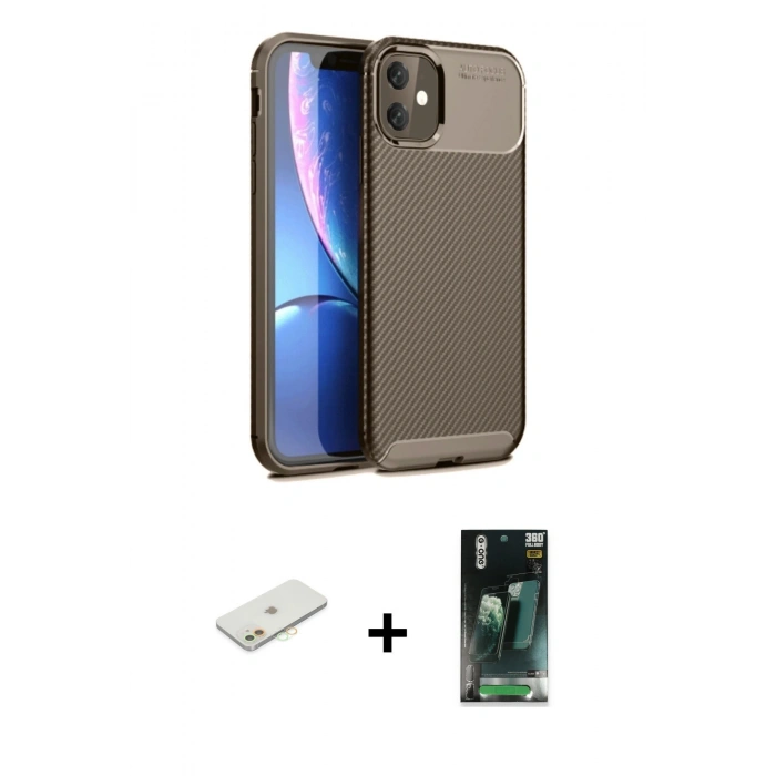 MARSİLYAN™- iPhone 11 Kılıf Eksen Form Prime - Siyah 360 Mat Full Body Arka Koruyucu + Renkli Kamera Lens Koruma Cam - TU