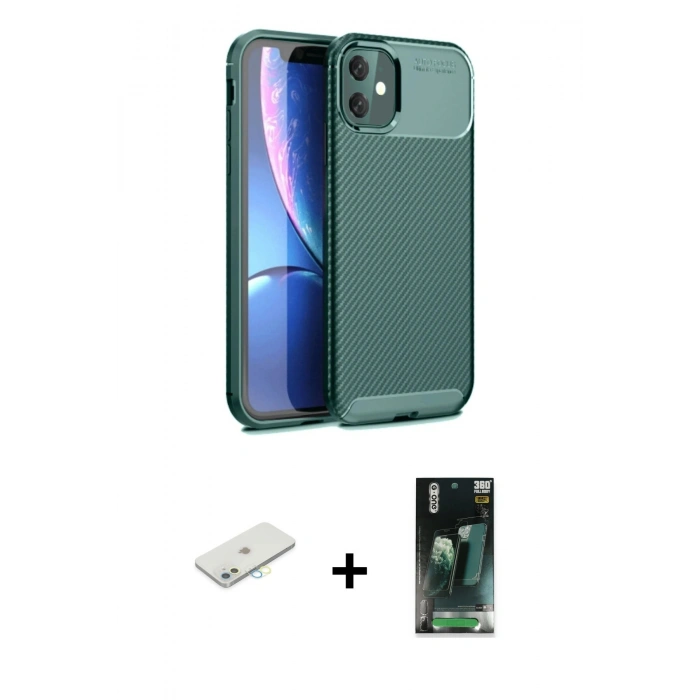 MARSİLYAN™- iPhone 11 Kılıf Eksen Form Prime - Siyah 360 Mat Full Body Arka Koruyucu + Renkli Kamera Lens Koruma Cam - SI