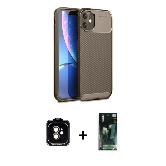 MARSİLYAN™- iPhone 11 Kılıf Eksen Form Prime - Siyah 360 Mat Full Body Arka Koruyucu + PVD Metal Kamera Lens - TU