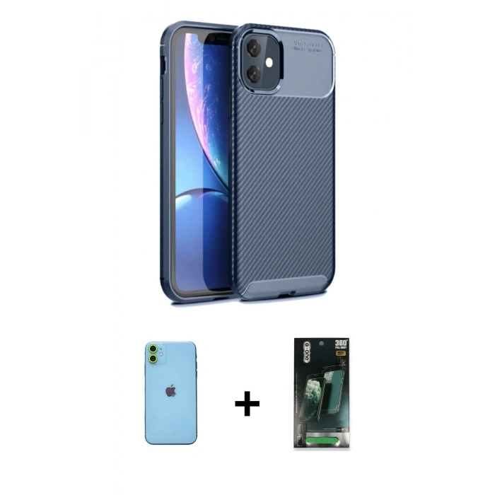 MARSİLYAN™- iPhone 11 Kılıf Eksen Form Prime - Siyah 360 Mat Full Body Arka Koruyucu + Neon Fosforlu Kamera Lens - YL