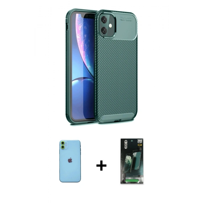 MARSİLYAN™- iPhone 11 Kılıf Eksen Form Prime - Siyah 360 Mat Full Body Arka Koruyucu + Neon Fosforlu Kamera Lens - YL