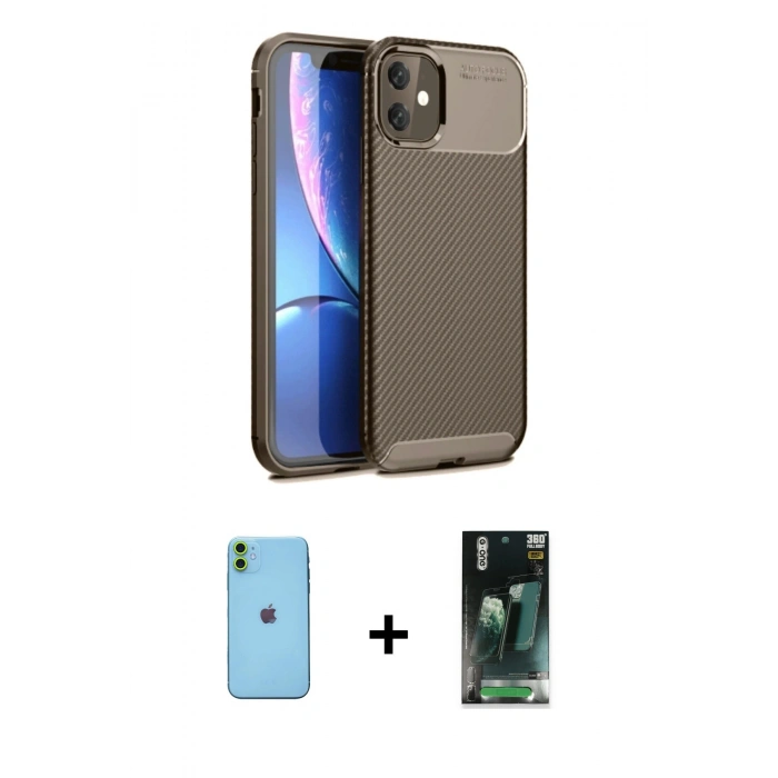 MARSİLYAN™- iPhone 11 Kılıf Eksen Form Prime - Siyah 360 Mat Full Body Arka Koruyucu + Neon Fosforlu Kamera Lens - YL