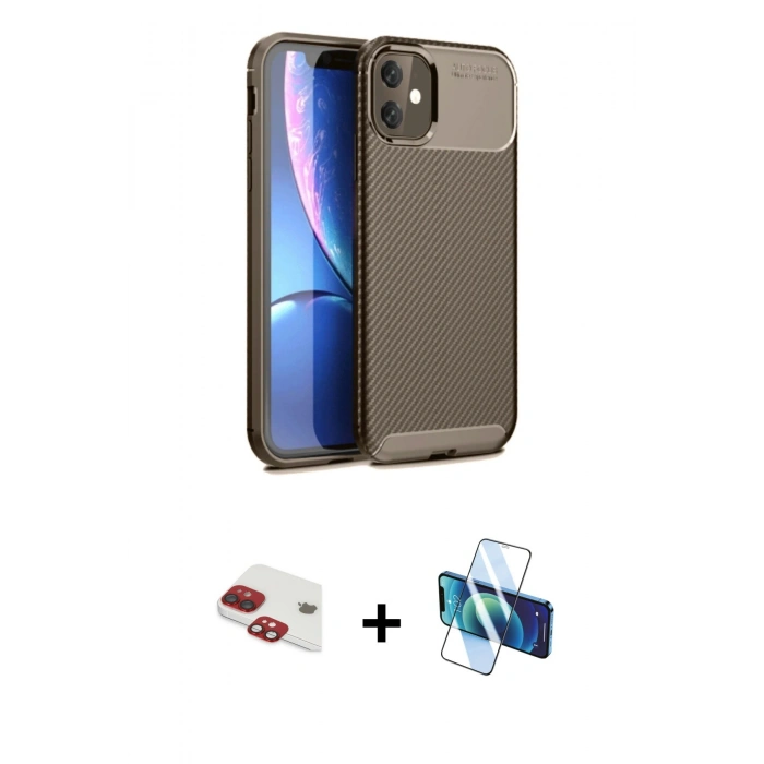 MARSİLYAN™- iPhone 11 Kılıf Eksen Form Prime - Siyah 3D Antistatik Cam Ekran Koruyucu + Pers Alüminyum Kamera Lens - KI