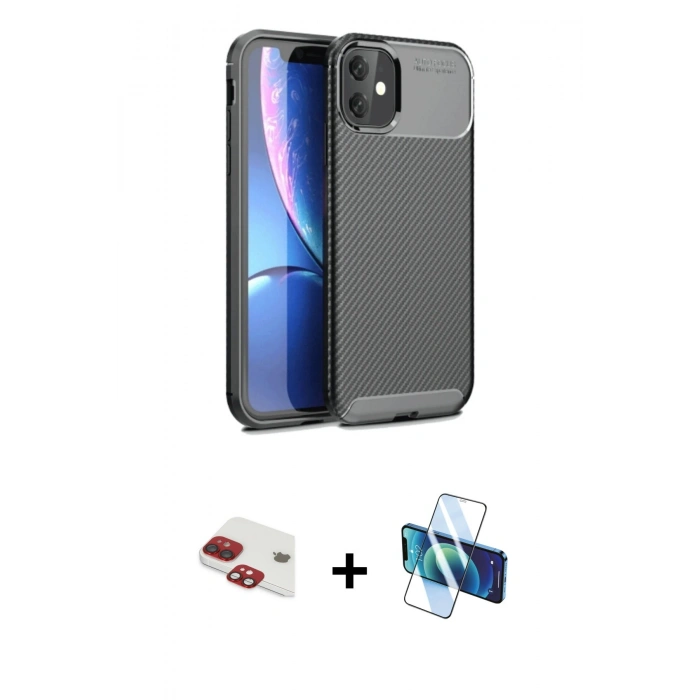 MARSİLYAN™- iPhone 11 Kılıf Eksen Form Prime - Siyah 3D Antistatik Cam Ekran Koruyucu + Pers Alüminyum Kamera Lens - KI