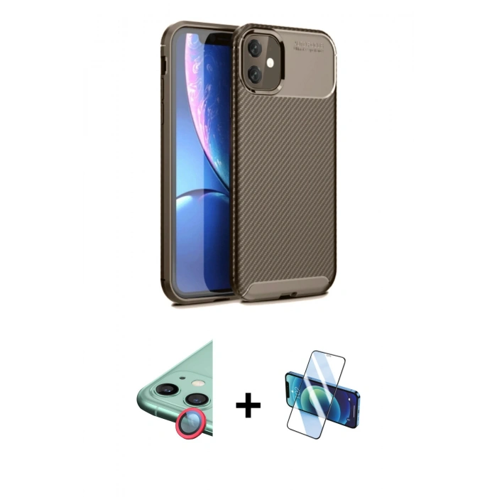 MARSİLYAN™- iPhone 11 Kılıf Eksen Form Prime - Siyah 3D Antistatik Cam Ekran Koruyucu + Raze Metal Kamera Lens - KI