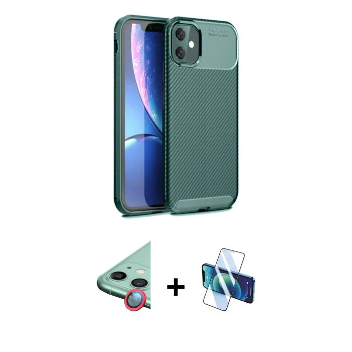 MARSİLYAN™- iPhone 11 Kılıf Eksen Form Prime - Siyah 3D Antistatik Cam Ekran Koruyucu + Raze Metal Kamera Lens - KI