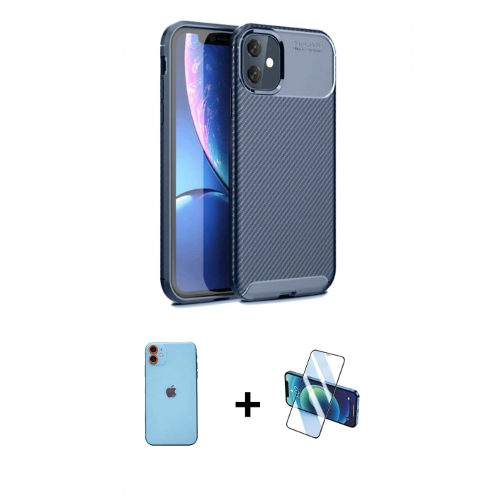 MARSİLYAN™- iPhone 11 Kılıf Eksen Form Prime - Siyah 3D Antistatik Cam Ekran Koruyucu + Neon Fosforlu Kamera Lens - TU