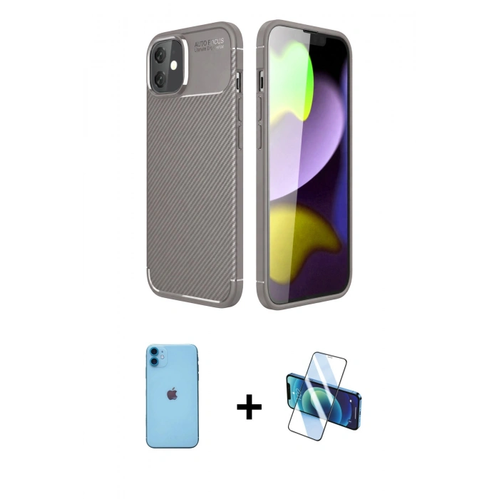 MARSİLYAN™- iPhone 11 Kılıf Eksen Form Prime - Siyah 3D Antistatik Cam Ekran Koruyucu + Neon Fosforlu Kamera Lens - MI