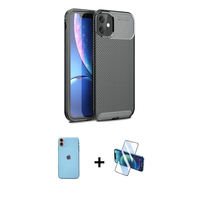 MARSİLYAN™- iPhone 11 Kılıf Eksen Form Prime - Siyah 3D Antistatik Cam Ekran Koruyucu + Neon Fosforlu Kamera Lens - TU