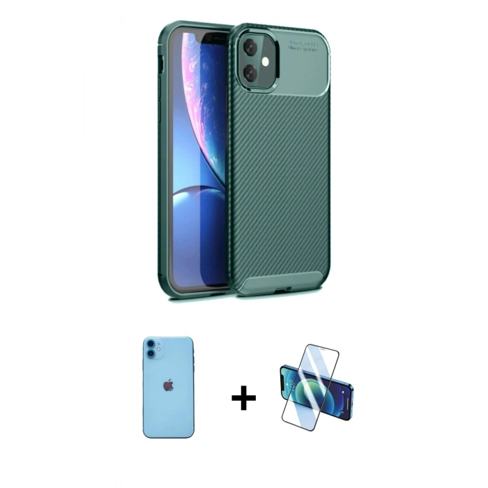 MARSİLYAN™- iPhone 11 Kılıf Eksen Form Prime - Siyah 3D Antistatik Cam Ekran Koruyucu + Neon Fosforlu Kamera Lens - MI