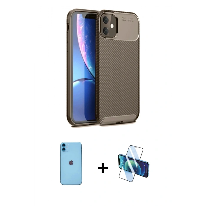 MARSİLYAN™- iPhone 11 Kılıf Eksen Form Prime - Siyah 3D Antistatik Cam Ekran Koruyucu + Neon Fosforlu Kamera Lens - MI