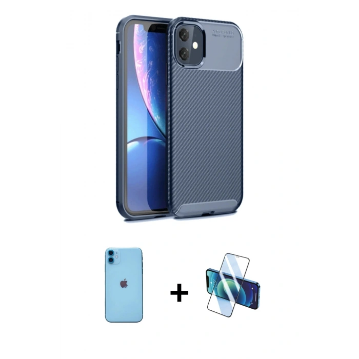 MARSİLYAN™- iPhone 11 Kılıf Eksen Form Prime - Siyah 3D Antistatik Cam Ekran Koruyucu + Neon Fosforlu Kamera Lens - MI