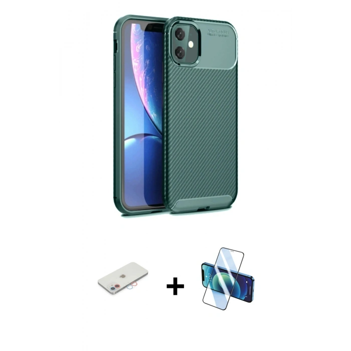 MARSİLYAN™- iPhone 11 Kılıf Eksen Form Prime - Siyah 3D Antistatik Cam Ekran Koruyucu + Renkli Kamera Lens Koruma Cam - PE