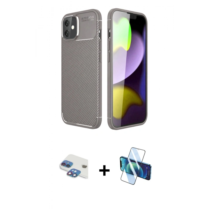 MARSİLYAN™- iPhone 11 Kılıf Eksen Form Prime - Siyah 3D Antistatik Cam Ekran Koruyucu + Pers Alüminyum Kamera Lens - GI
