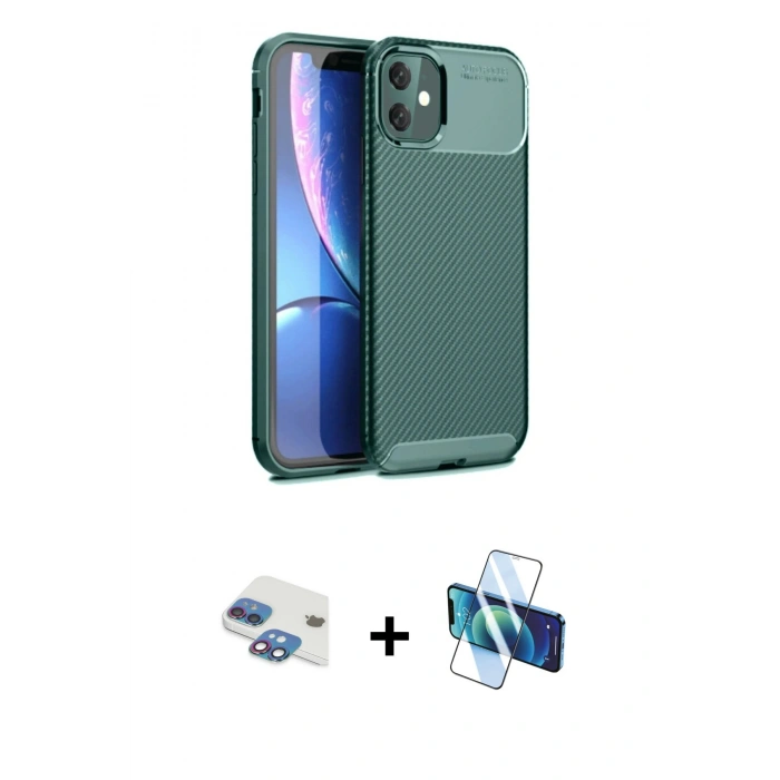 MARSİLYAN™- iPhone 11 Kılıf Eksen Form Prime - Siyah 3D Antistatik Cam Ekran Koruyucu + Pers Alüminyum Kamera Lens - GI