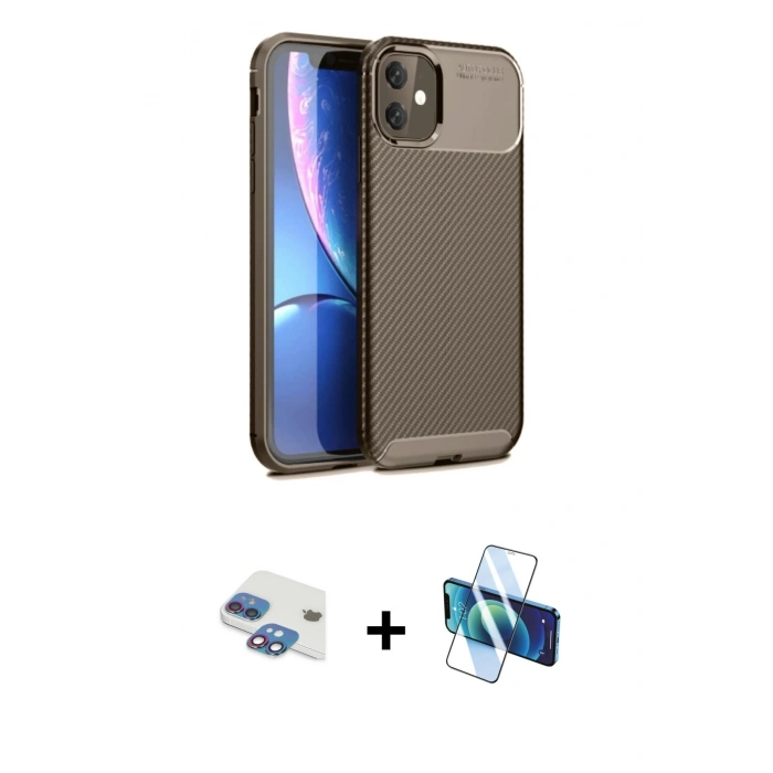 MARSİLYAN™- iPhone 11 Kılıf Eksen Form Prime - Siyah 3D Antistatik Cam Ekran Koruyucu + Pers Alüminyum Kamera Lens - GI