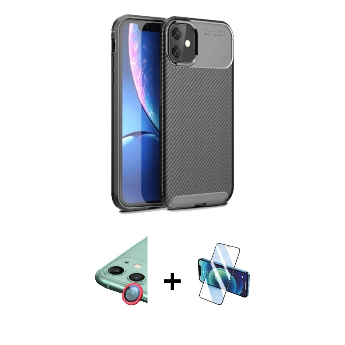 MARSİLYAN™- iPhone 11 Kılıf Eksen Form Prime - Siyah 3D Antistatik Cam Ekran Koruyucu + Raze Metal Kamera Lens - KI