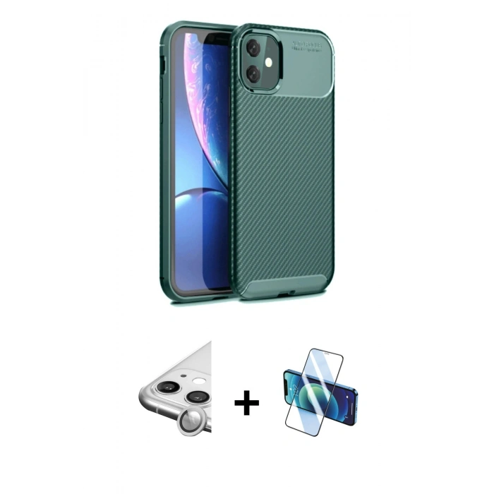 MARSİLYAN™- iPhone 11 Kılıf Eksen Form Prime - Siyah 3D Antistatik Cam Ekran Koruyucu + Raze Metal Kamera Lens - GS