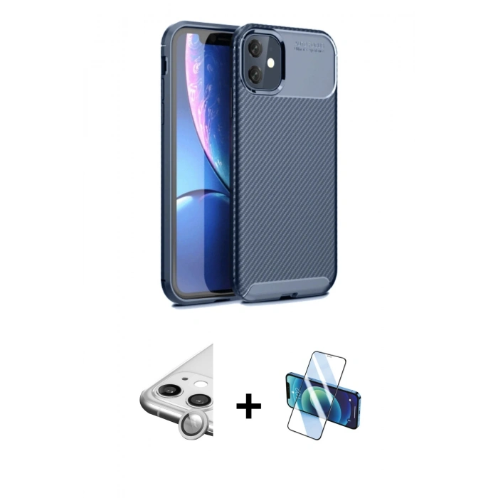 MARSİLYAN™- iPhone 11 Kılıf Eksen Form Prime - Siyah 3D Antistatik Cam Ekran Koruyucu + Raze Metal Kamera Lens - GS