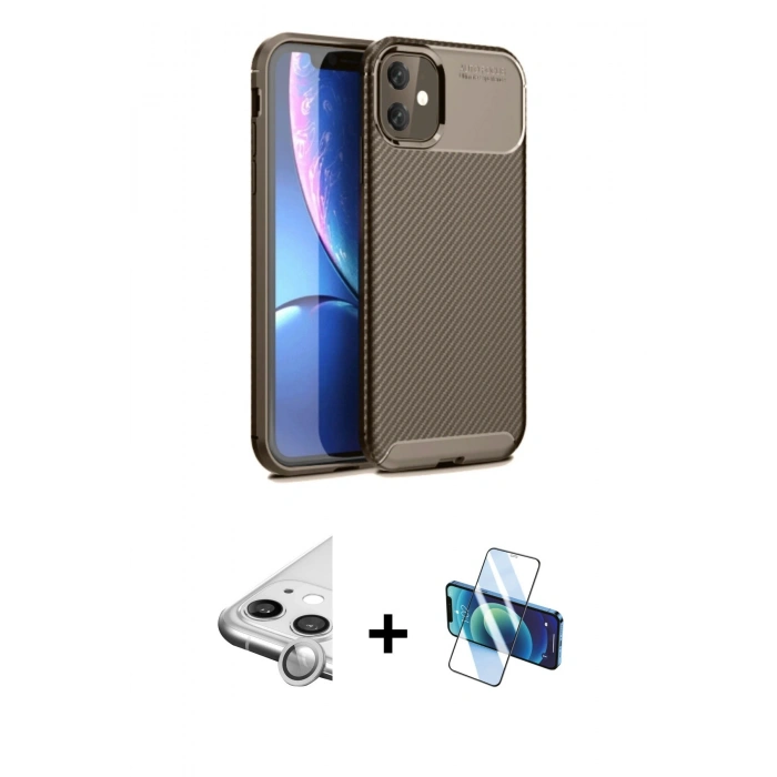 MARSİLYAN™- iPhone 11 Kılıf Eksen Form Prime - Siyah 3D Antistatik Cam Ekran Koruyucu + Raze Metal Kamera Lens - GS