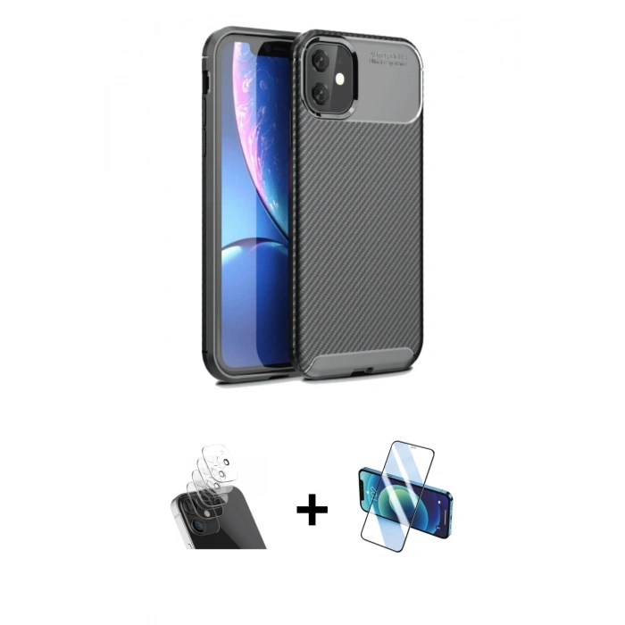 MARSİLYAN™- iPhone 11 Kılıf Eksen Form Prime - Siyah 3D Antistatik Cam Ekran Koruyucu + Kamera Lens Koruma Cam - SF