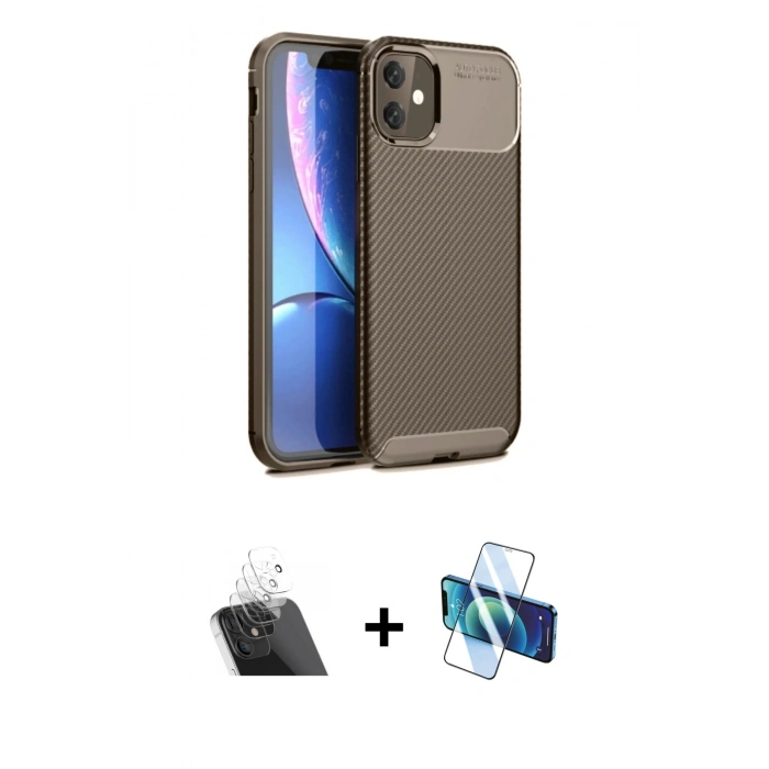 MARSİLYAN™- iPhone 11 Kılıf Eksen Form Prime - Siyah 3D Antistatik Cam Ekran Koruyucu + Kamera Lens Koruma Cam - SF