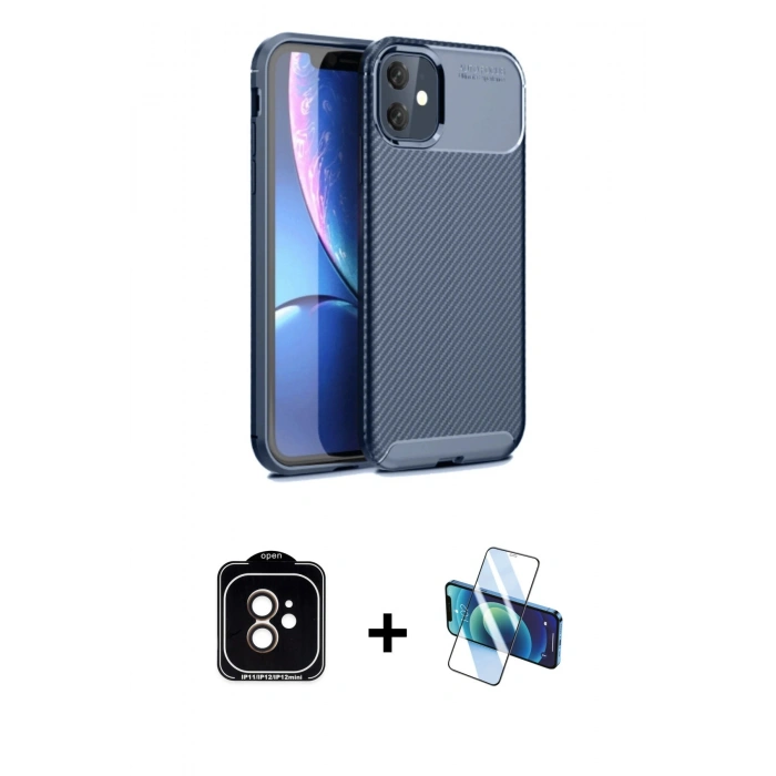MARSİLYAN™- iPhone 11 Kılıf Eksen Form Prime - Siyah 3D Antistatik Cam Ekran Koruyucu + PVD Metal Kamera Lens - TU