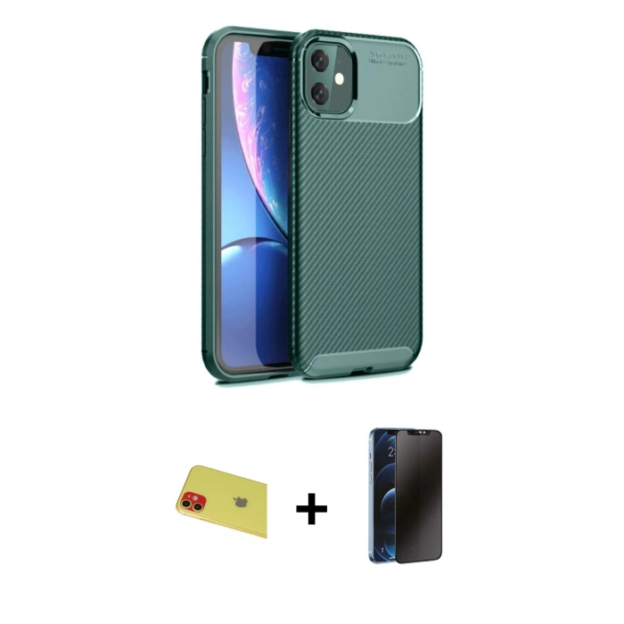 MARSİLYAN™- iPhone 11 Kılıf Eksen Form Prime - Siyah 3D Antistatik Hayalet Cam Ekran Koruyucu + Rainbow Kamera Lens Koruma Cam - KI