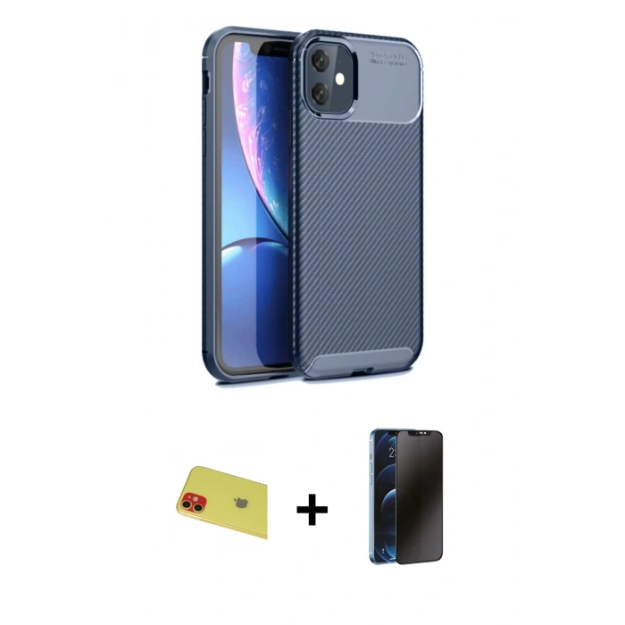 MARSİLYAN™- iPhone 11 Kılıf Eksen Form Prime - Siyah 3D Antistatik Hayalet Cam Ekran Koruyucu + Rainbow Kamera Lens Koruma Cam - KI